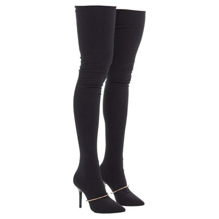 GIVENCHY TISCI 2012 black stretch sock gold bar point over knee thigh boot EU38 For Sale at 1stdibs