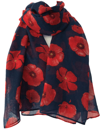 Blue Poppy Scarf Red Flowers Wrap Ladies Navy Blue Poppies Floral Print Shawl