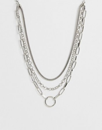 ASOS DESIGN multirow necklace with snake and open link chain in silver tone | ASOS