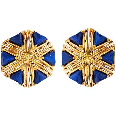 Tiffany and Co. Blue Lapis Gold Vintage Eclectic Bohemian 1970s Earrings For Sale at 1stDibs