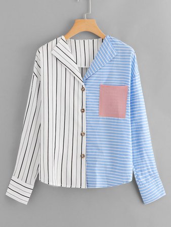 Chest Pocket Two Tone Striped Blouse | SHEIN