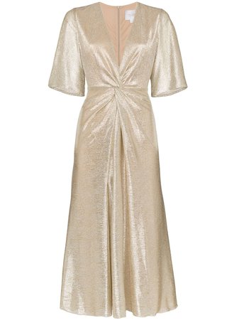 Gold Galvan Stella Twist-Detail Midi Dress | Farfetch.com