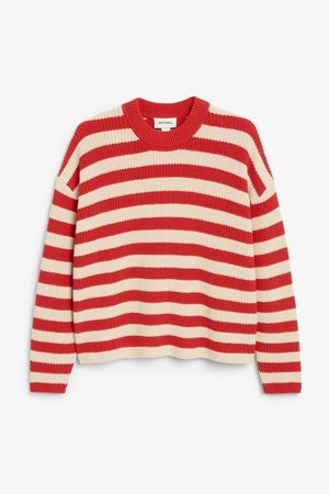 Classic crewneck knit sweater - Beige & red stripes - Ladies | H&M GB