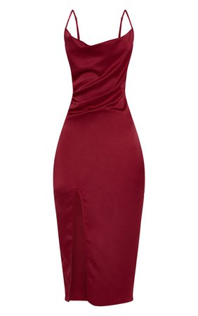 Burgundy Strappy Satin Cowl Midi Dress | PrettyLittleThing USA