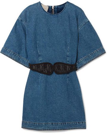 Lace-trimmed Denim Mini Dress - Blue