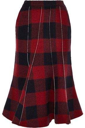 Pushbutton Fluted Checked Wool-blend Flannel Midi Skirt