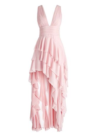 Holly Low Neck Asymmetric Ruffled Maxi Dress In Pink Lace | Alice And Olivia