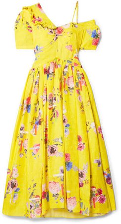 Domino Floral-print Silk-blend Cloqué Midi Dress - Bright yellow