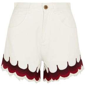 Scalloped Embroidered Denim Shorts