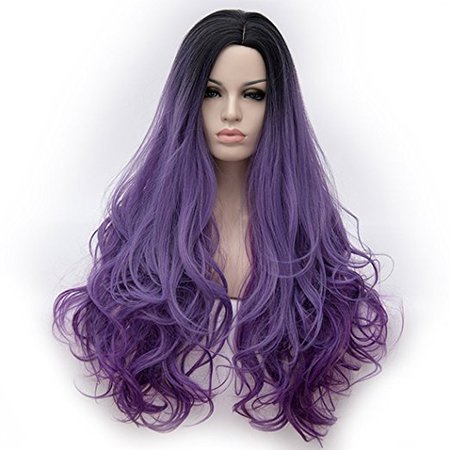 Alacos Synthetic 75CM Long Curly Rainbow Color Ombre Halloween Costumes Cosplay Harajuku Wigs for Women Lady Girl +Free Wig Cap (Black Ombre to Purple)
