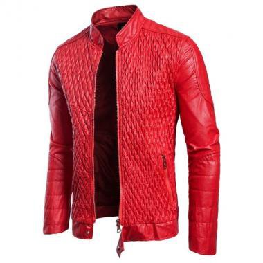 Crinkle Leather Jacket Men Slim Fit Autumn Winter Hot Red Black PU