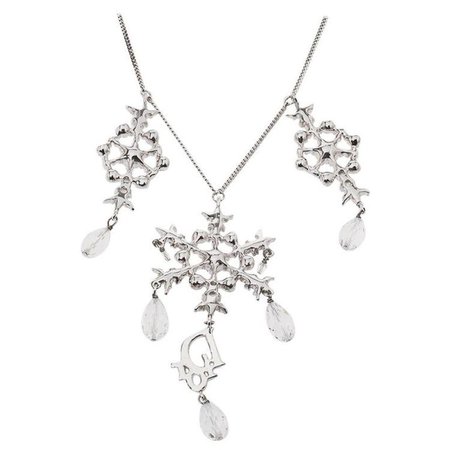 Dior Snowflake Charm Crystal Embellished Silver Pendant Necklace