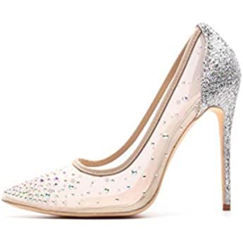 Amazon.com | Elisabet Tang Women Pumps, Pointed Toe High Heel Glitter Rhinestone Heels Sparkly Prom Shoes Stiletto Wedding Heels for Bride Shoes for Women Silver Glitter Size 11 | Pumps