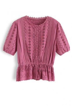 Eyelet Embroidery Crochet Peplum Top in Berry - NEW ARRIVALS - Retro, Indie and Unique Fashion