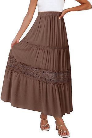 ZESICA Women's 2023 Summer Bohemian Solid Color Lace Trim Flowy A Line Beach Long Maxi Skirt with Pockets,Coffee,Medium at Amazon Women’s Clothing store