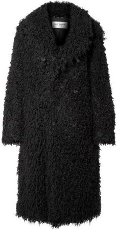 Oversized Double-breasted Faux Shearling Coat - Black