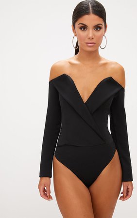 Black Tux Blazer Detail Bardot Bodysuit | PrettyLittleThing USA