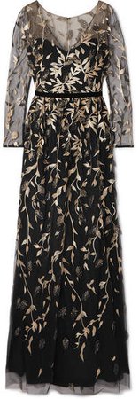 Velvet-trimmed Embroidered Glittered Tulle Gown - Black