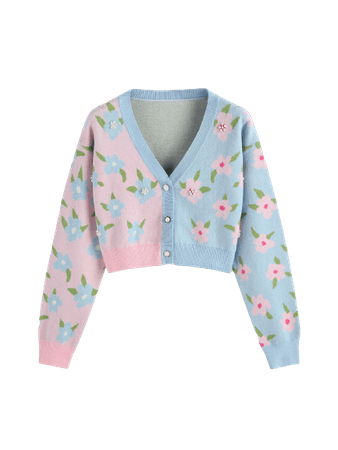 blue and pink flower cardigan
