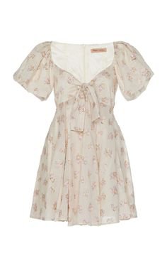 whit and pink floral puff sleeve tie front empire waist mini dress