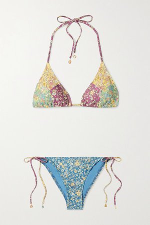 Carnaby Floral-print Triangle Bikini - Blue