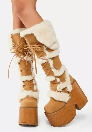 Demonia Eskimo Boots 305 | Faux Fur Knee High Platform Boots - Camel – Dolls Kill