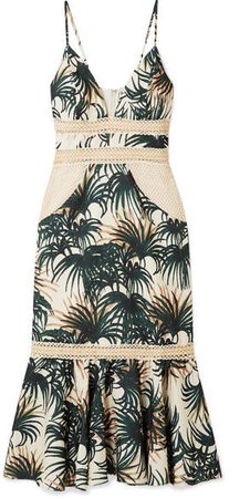 PatBO - Palm Mesh And Jute-trimmed Printed Woven Midi Dress - Green
