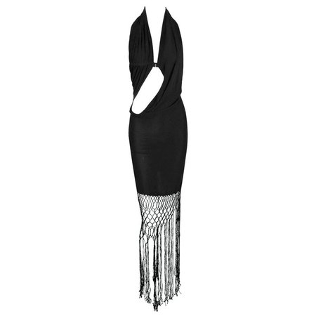 S/S 2000 Jean Paul Gaultier Black Cut-out Draped Fringe Dress For Sale at 1stdibs