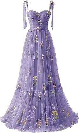 Amazon.com: SUOLUOS 2023 Flower Embroidery Prom Dresses Long Tulle Spaghetti Strap A Line Formal Evening Party Gowns for Women Dusty Blue Size14 : Clothing, Shoes & Jewelry