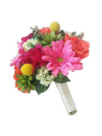 Wedding Natural Touch Fuchsia Roses & Succulents with Silk Orange Roses, Silk Hot Pink Gerbera Daisies Silk Wedding Bouquet