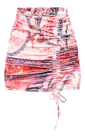 Pink Oriental Print Velvet Ruched Mini Skirt | PrettyLittleThing USA
