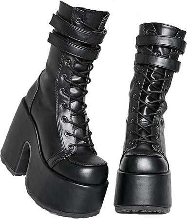 Amazon.com | VOMIRA Women's Platform Boots Chunky High Heel Lace-up Mid Calf Boots Punk Goth Boots for Women | Mid-Calf