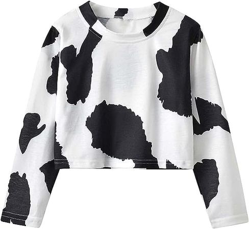 Falainetee Women's Long Sleeve Colorblock Cow Print Casual Oversized Crop Blouse Tops at Amazon Women’s Clothing store