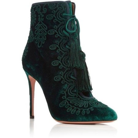 Dark Green Velvet Boots Lace Up Embossed Stiletto Heel Ankle Boots