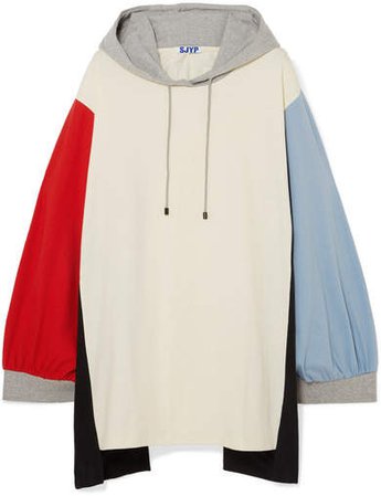 Oversized Hooded Color-block Cotton-jersey Mini Dress - Ivory