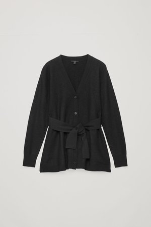 BOILED WOOL CARDIGAN WITH TIE - Black - COS