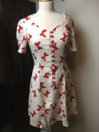 Nishe Tea Dress Bows Red white Skater Size Uk 10 | eBay