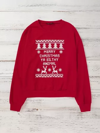 Christmas Print Sweatshirt | SHEIN USA red