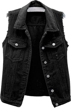 CHARTOU Women's Ripped Lapel Collar Button Up Sleeveless Frayed Denim Vest Jacket (Large, Black) at Amazon Women's Coats Shop