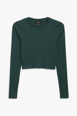 Ribbed long-sleeve top - Dark green - Cropped tops - Monki