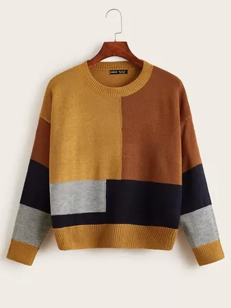 Drop Shoulder Color Block Sweater | SHEIN USA brown