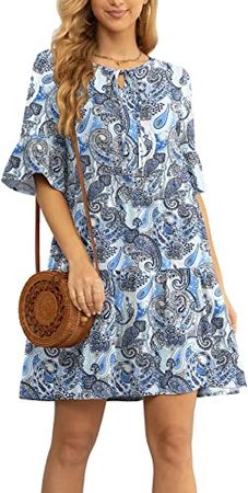 VIISHOW 2023 Women's Summer Casual Dresses Ruffle Short Sleeve Tie Neck Bohemian Dress High Waist Mini Dress A-Line Sun Dress at Amazon Women’s Clothing store