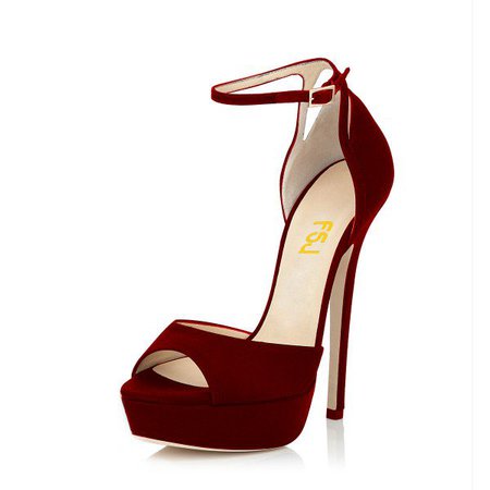 Burgundy Heels Peep Toe Ankle Strap Suede Stiletto Heel Office Sandals for Party, Night club, Date, Honeymoon | FSJ