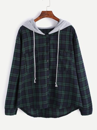 Hooded Button Front Check Sweatshirt With Chest Pockets