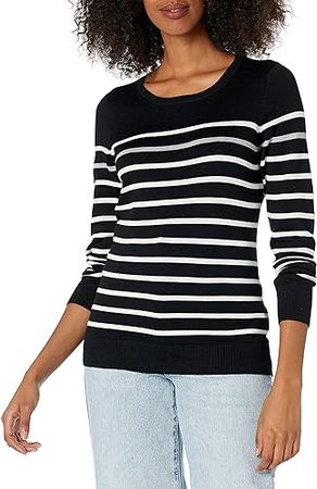 Amazon.com: Amazon Essentials Women's Long-Sleeve Lightweight Crewneck Sweater (Available in Plus Size), Black Grey White Stripe, Medium : Clothing, Shoes & Jewelry