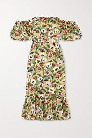 Aleila Off-the-shoulder Floral-print Cotton-poplin Midi Dress - Beige