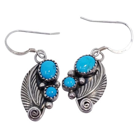 Native American Turquoise Feather Earrings, Sterling Silver, Hook, 20th Century For Sale at 1stDibs