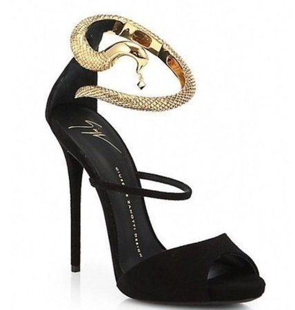 shoes, black, gold, snake, heel, giuseppe zanotti shoes, black dress sandal with snake strap. - Wheretoget