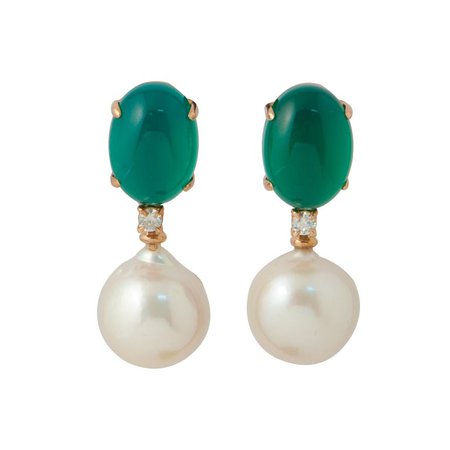 green agate, baroque pearl and white diamonds earrings