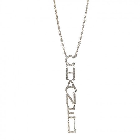 CHANEL Metal Crystal Cha-Nel Logo Necklace Gold 486399
